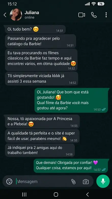 Print de conversa com cliente elogiando o acervo